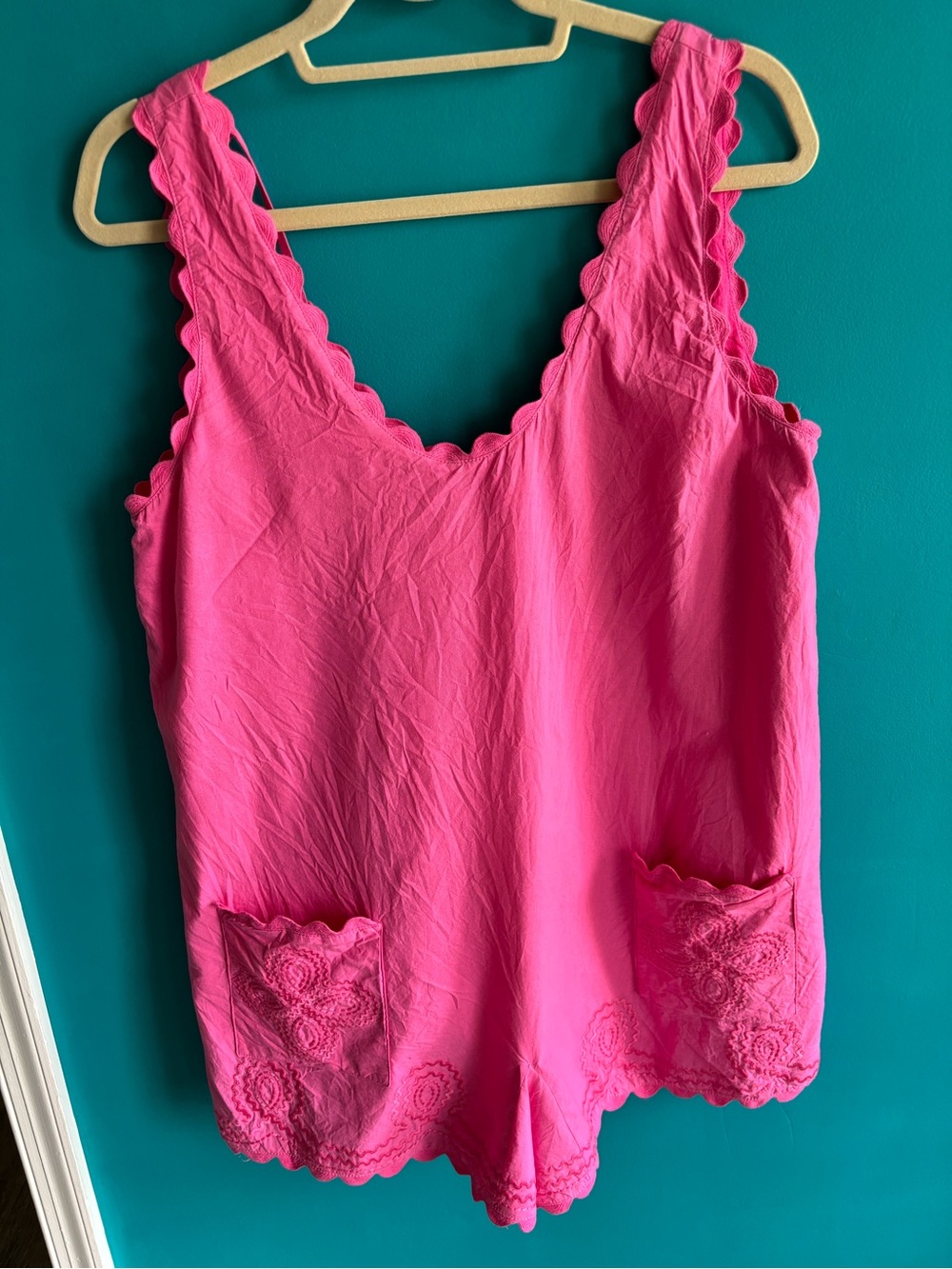 J.Marie Bright Pink Scalloped Romper with Embroidered Pockets.